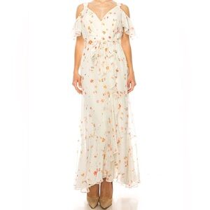 White Floral Cold Shoulder High Low Dress